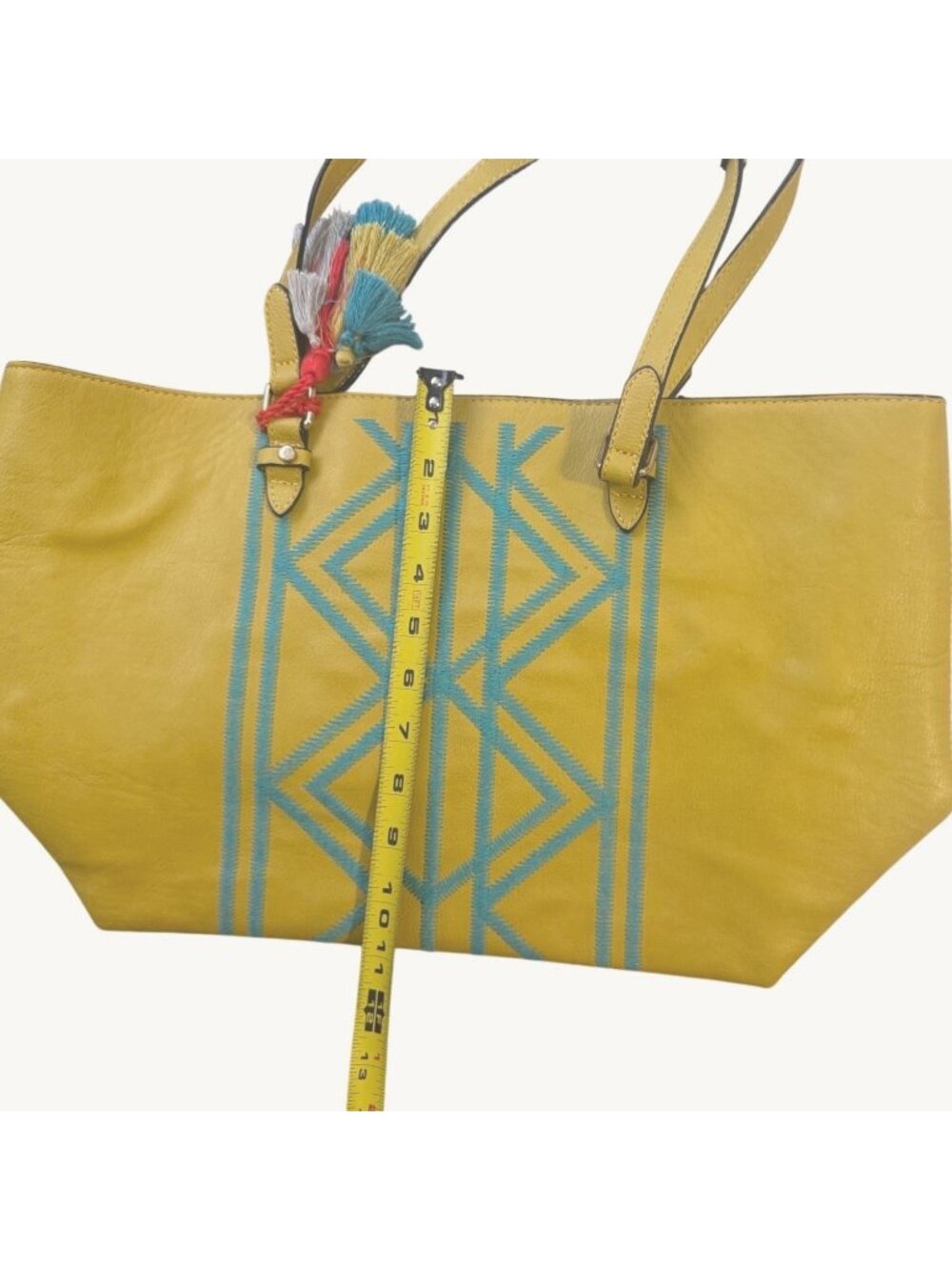Kate Landry Bright Yellow Tote Bag Turquoise Embroidery Gorgeous Tribal Vibe - Picture 8 of 10